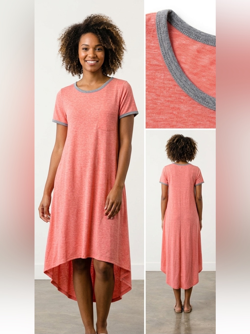 LuLaRoe Carly Coral Swing Dress with Gray Trim